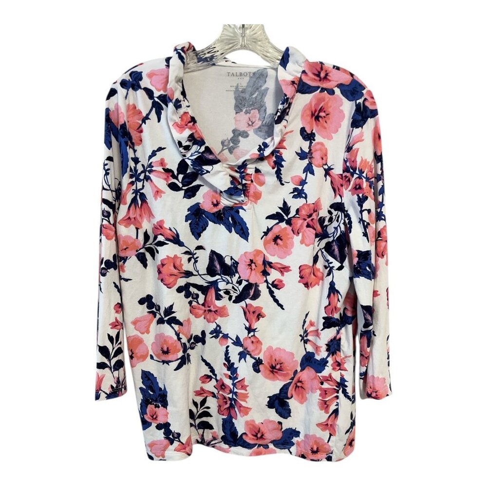 Talbots Women’s Floral Long Sleeve Knit Top – Size Large – Ruffled V-Neck – Cott